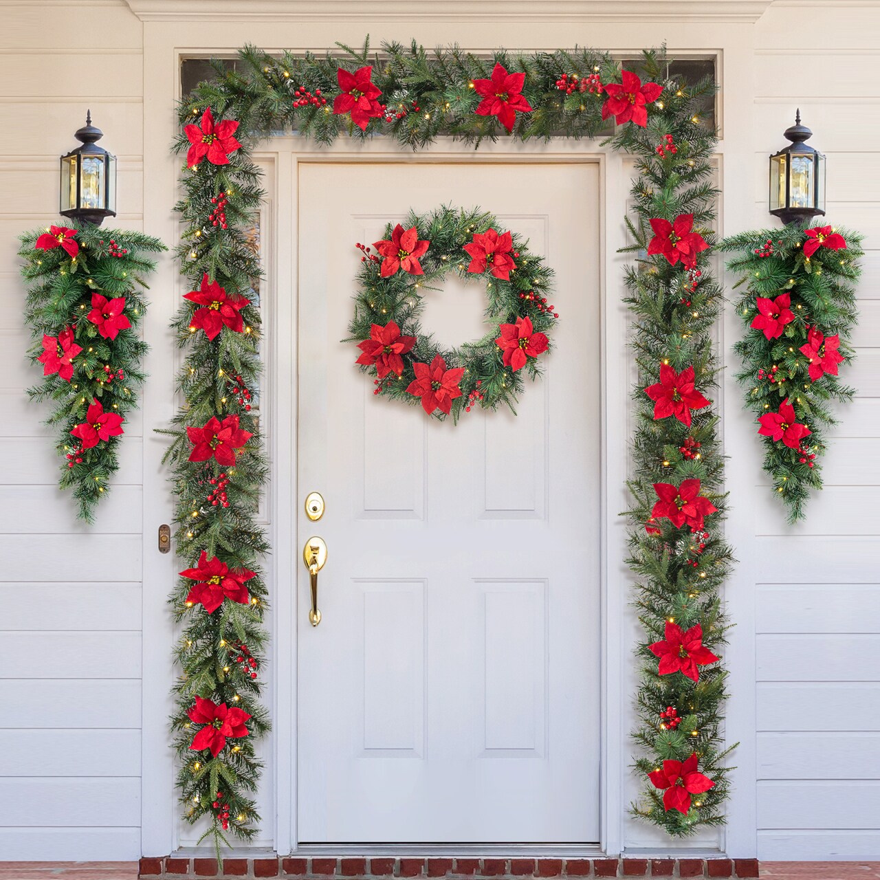 Set of 2 9ft Pre-Lit Christmas Garlands, with Warm White LED Lights with Timer, Three Function